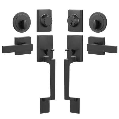 Dubbeldörrhandtagssats, mattsvart fyrkantig dörrhandtag, dubbel framdörrhandtagssats med vändbar handtagsspak, Heavy Duty dubbeldörrlåsset med dummy, för kontorsdörr eller ytterdörr