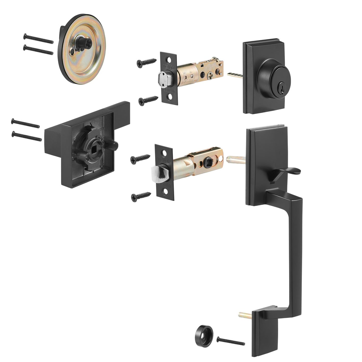 Dubbeldörrhandtagssats, mattsvart fyrkantig dörrhandtag, dubbel framdörrhandtagssats med vändbar handtagsspak, Heavy Duty dubbeldörrlåsset med dummy, för kontorsdörr eller ytterdörr