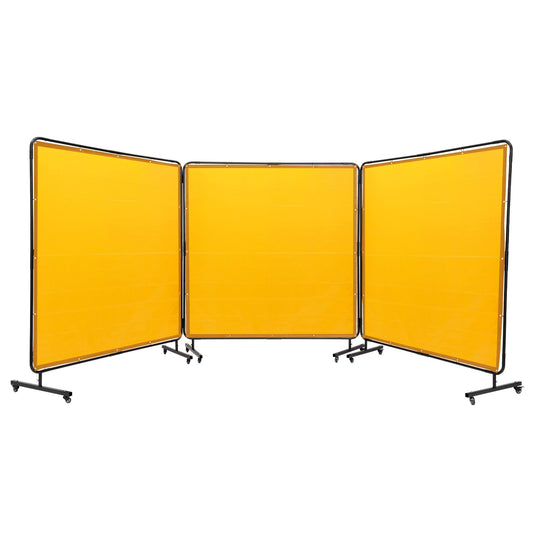Svetsskärm med ram, 6' x 6' 3 panelsvetsgardinskärmar, flamsäker vinylsvetsskyddsskärm på 12 svängbara hjul (6 låsbara), rörlig & professionell för verkstad, gul