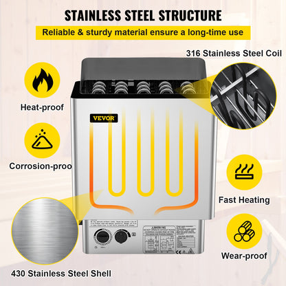 9KW Sauna Heater Stove 380V-415V Wet&amp;Dry Electric Sauna Heater with Built-in Control Unit Stainless Steel Sauna Heater