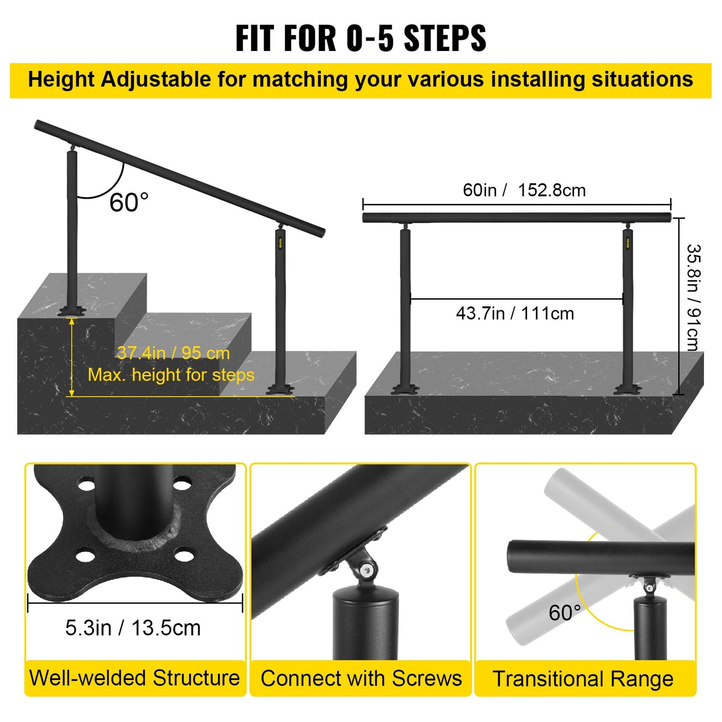 Stair Railing Kit, 5 Feet Handrails for Outdoor 0-5 Steps, Adjustable Angle Black Aluminum Stair Handrail, Indoor and Outdoor Stairs for Elderly