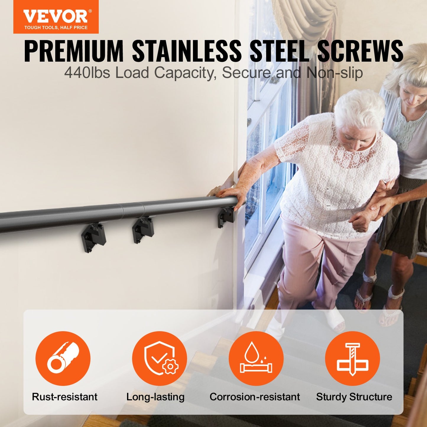 Handrail Stair Railing, 12 Feet, Wall Mounted Handrails for Indoor Stairs, Thickened Aluminum Alloy Railing with Installation Kit, 440 LBS Load Capacity Stair Railing for Outdoor Stairs