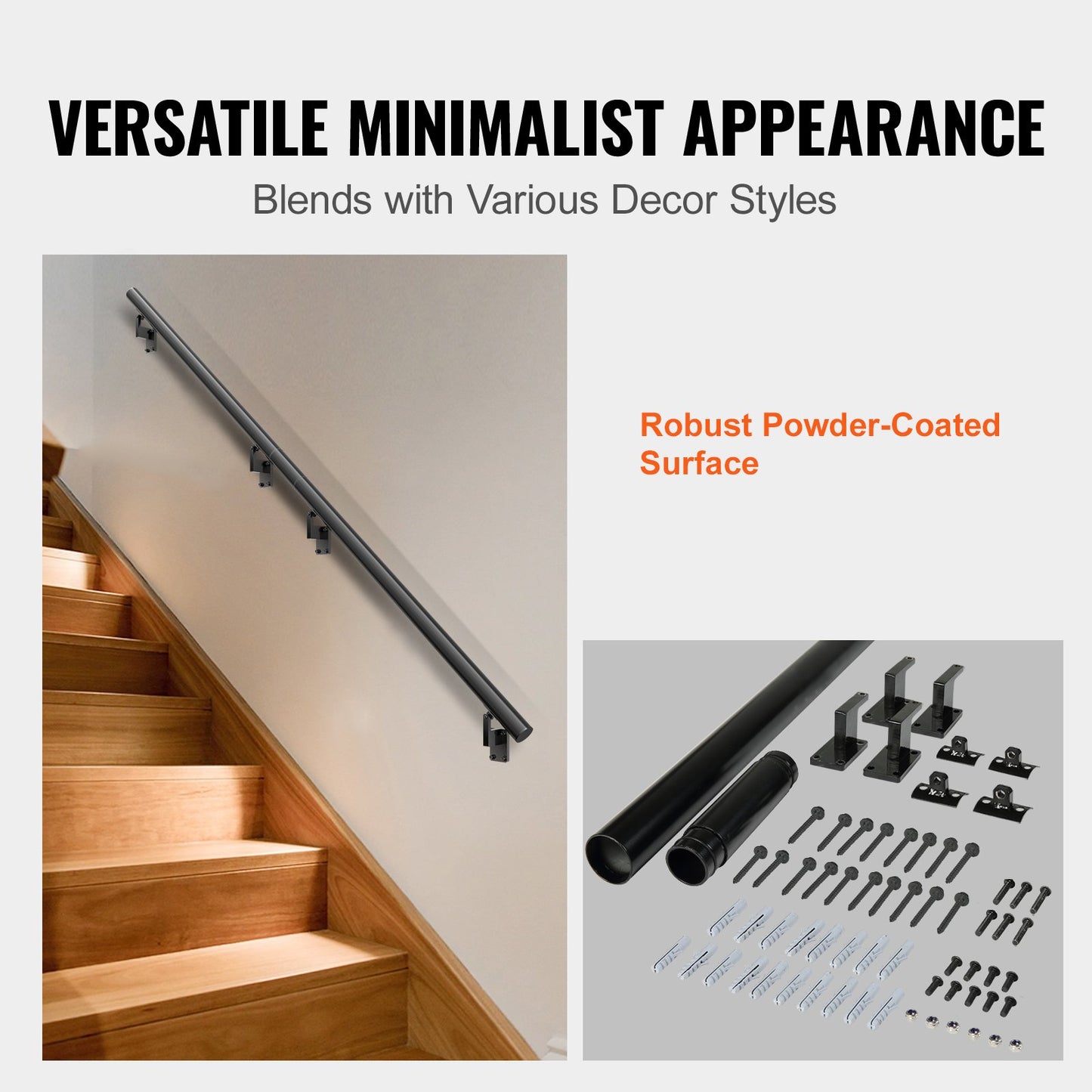 Handrail Stair Railing, 12 Feet, Wall Mounted Handrails for Indoor Stairs, Thickened Aluminum Alloy Railing with Installation Kit, 440 LBS Load Capacity Stair Railing for Outdoor Stairs