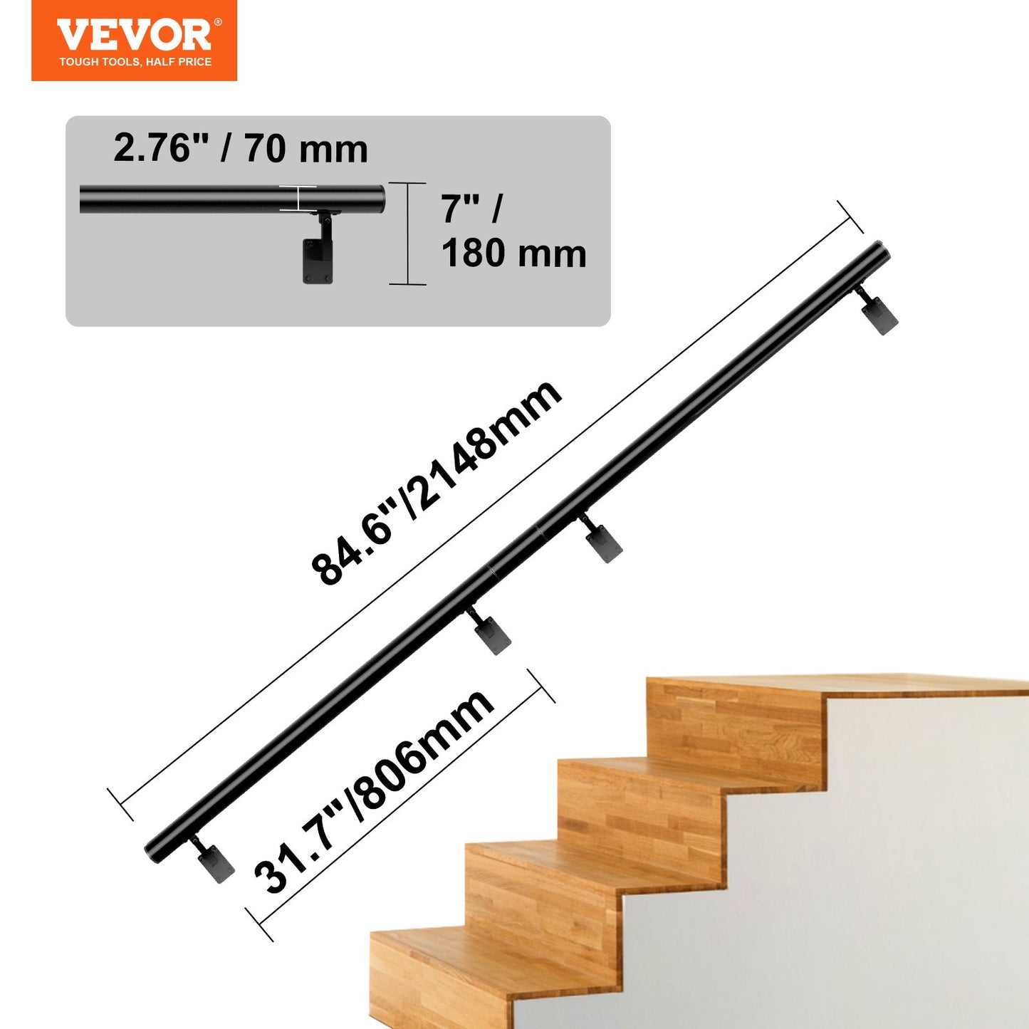 Handrail Stair Railing, 7 Feet, Wall Mounted Handrails for Indoor Stairs, Thickened Aluminum Alloy with Installation Kit, 440 LBS Load Capacity Stair Railing for Outdoor Stairs