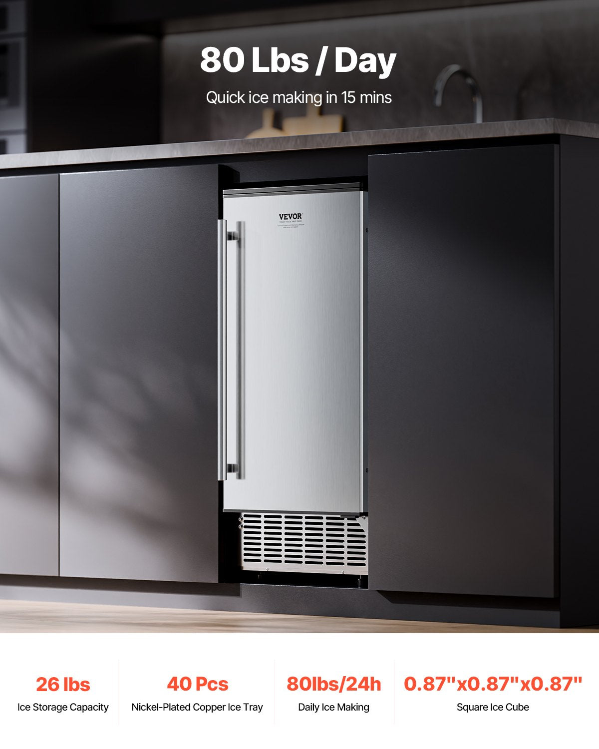 Undercounter Ice Maker 80 Pounds/Day Built-in Ice Maker with Reversible Door