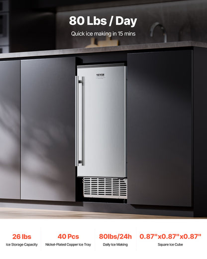 Undercounter Ice Maker 80 Pounds/Day Built-in Ice Maker with Reversible Door