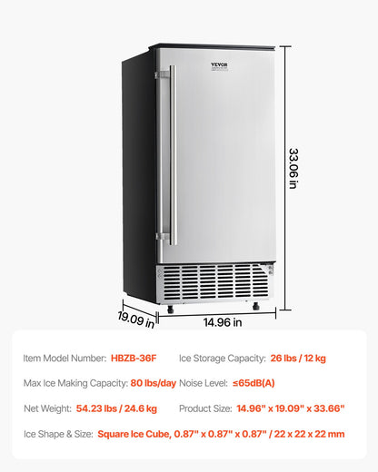 Undercounter Ice Maker 80 Pounds/Day Built-in Ice Maker with Reversible Door