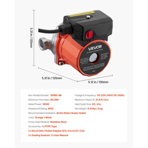 Varmvattencirkulationspump, 38 LPM, Omedelbar cirkulation, 3-hastighetsreglage, 100W, AC 220-240V, G3/4 tum till G1/2 tum adapter, rostfritt stålhuvud, för varmvattenberedare |  EU