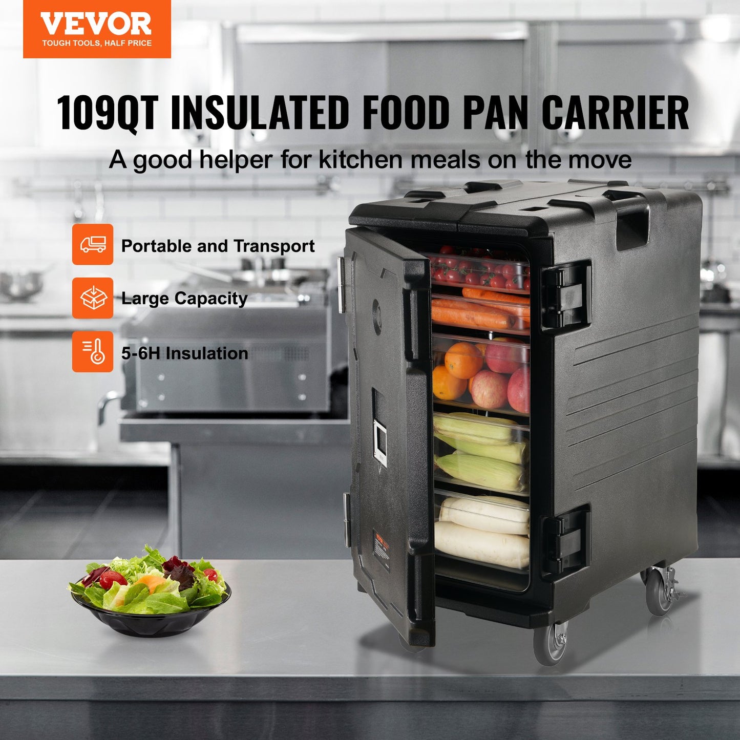 Isolierter Speisenbehälterträger, 109-Qt-Warmhaltebox für die Gastronomie, LLDPE-Speisenbehälterträger mit Doppelschnallen, Speisenwärmer mit Frontlader und Griff, Endlader mit Rädern für Restaurant, Kantine usw.