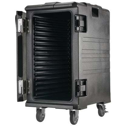 Isolierter Speisenbehälterträger, 109-Qt-Warmhaltebox für die Gastronomie, LLDPE-Speisenbehälterträger mit Doppelschnallen, Speisenwärmer mit Frontlader und Griff, Endlader mit Rädern für Restaurant, Kantine usw.