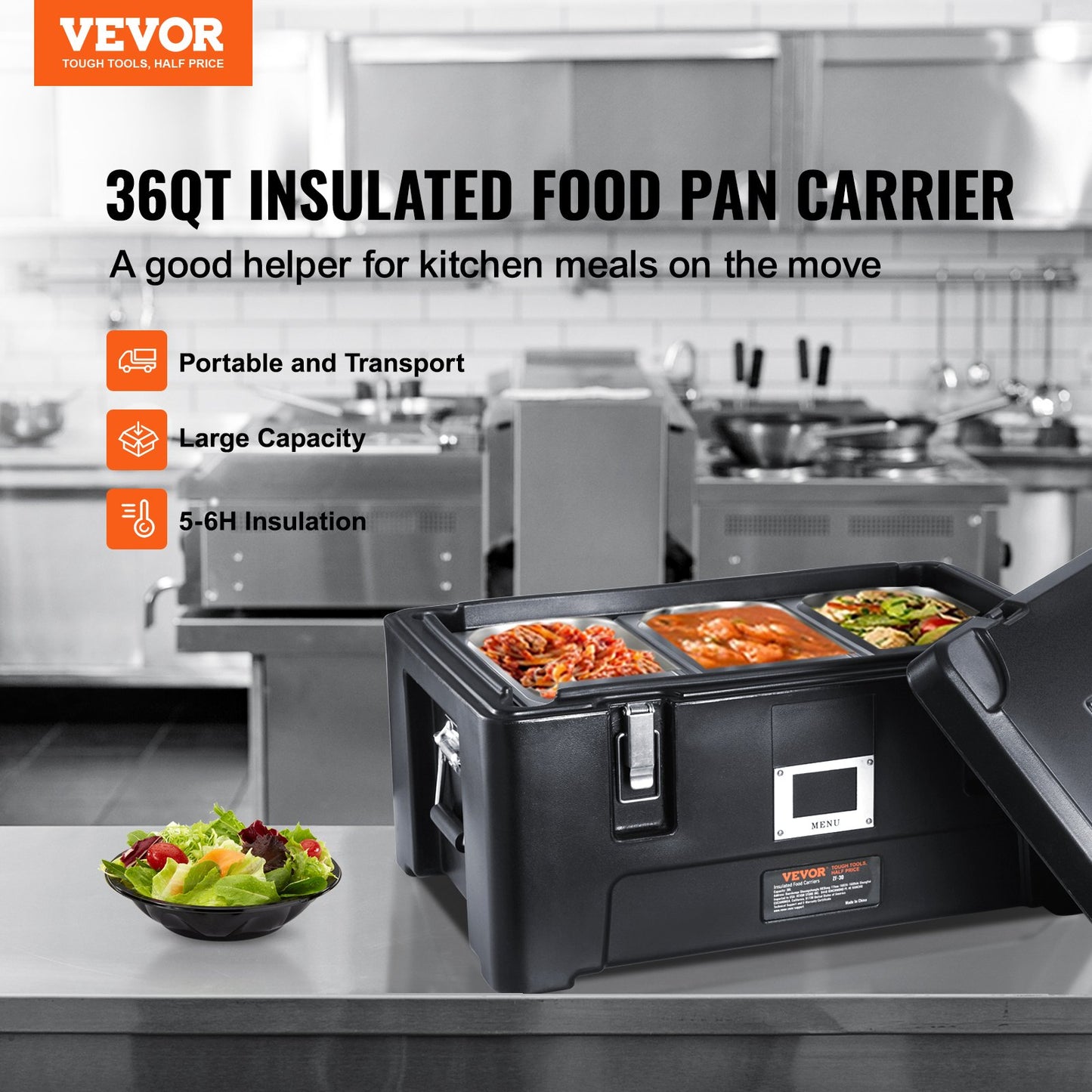 Insulated Food Pan Holder, 36 Qt Capacity, Stackable Serving Warmer Box with 3 Stainless Steel Pans, Top-Loaded LLDPE Food Warmer with Elastic Side Handles and Buckles, for Restaurant Dining Room, Black
