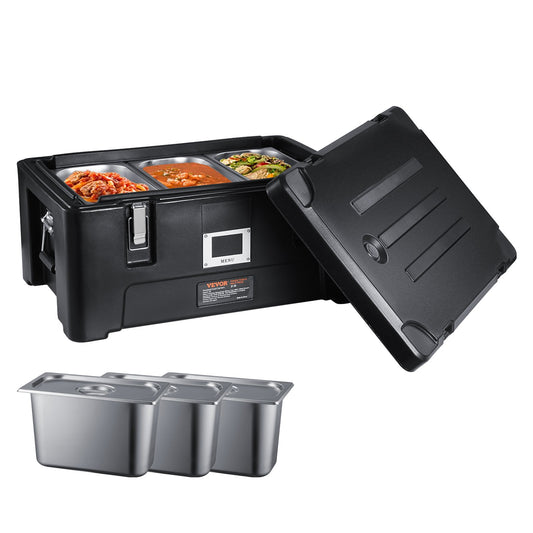 Insulated Food Pan Holder, 36 Qt Capacity, Stackable Serving Warmer Box with 3 Stainless Steel Pans, Top-Loaded LLDPE Food Warmer with Elastic Side Handles and Buckles, for Restaurant Dining Room, Black