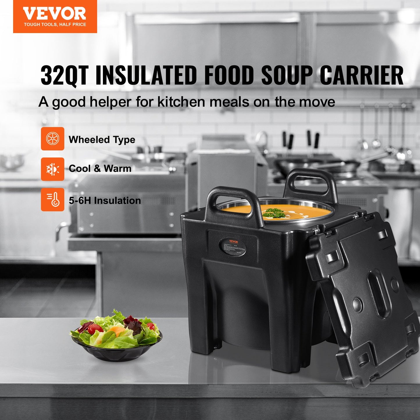 Insulated Food Holder, 32 Qt Capacity, Stackable Catering Hot Box with Stainless Steel Barrel, Top Load LLDPE Food Warmer with Integrated Handles Buckles Stationary Base, for Restaurant Dining Room, B