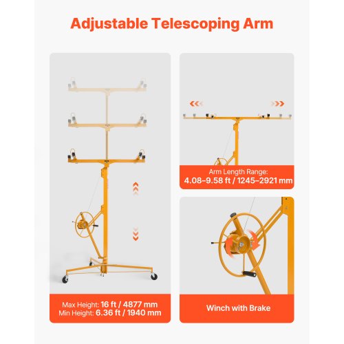 4877 mm gipslyft, kraftig 68 kg gipskivotlyft med justerbar teleskoparm, låsbara hjul, gipslyft, paneldomkraft, lyftverktyg, idealisk för tak- och vägginstallation (gul) |  EU