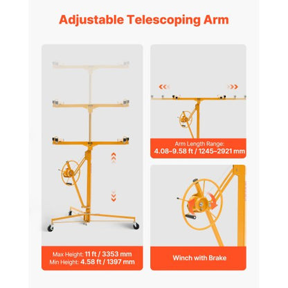 3353 mm gipslyft, kraftig 68 kg gipskivotlyft med justerbar teleskoparm, låsbara hjul, gipslyft, paneldomkraft, lyftverktyg, idealisk för tak- och vägginstallation (gul) |  EU