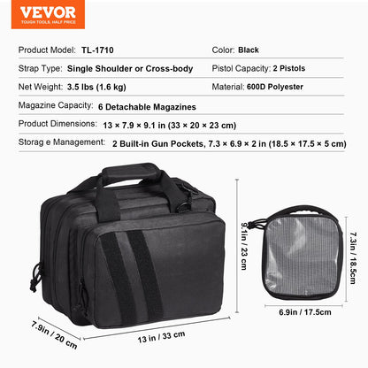 Range Bag for 2 Pistols Tactical Gun Bag 2 Inbyggd Pistol Bags Svart