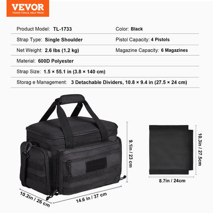 Range Bag für 4 Pistolen Tactical Gun Range Bag Einzelner Schulterstreifen Schwarz