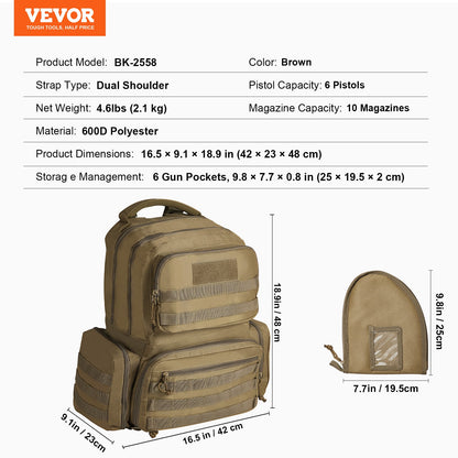 Tactical Range Ryggsäck för 6 Pistols Gun Backpack Brown