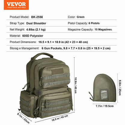 Tactical Range Ryggsäck för 6 Pistols Gun Backpack Green