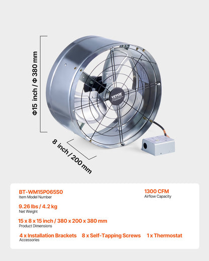 15" Gable Mount Fan 1300 CFM Ventilator with Adjustable Thermostat