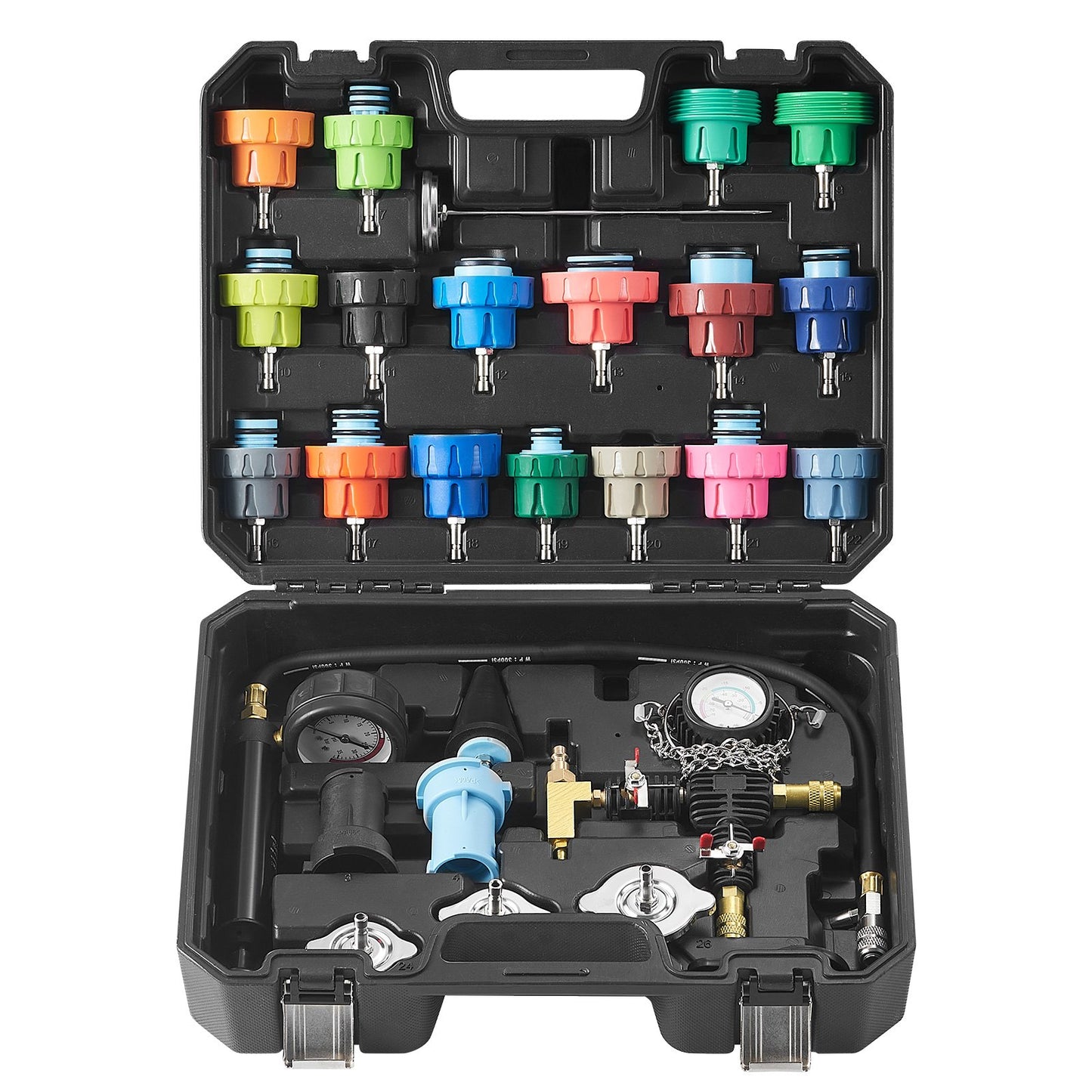 28pcs Universal Radiator Pressure Test Kit, Coolant Pressure Test Kit with Manual Pump and Color Coded Test Caps, Coolant Vacuum Filler Kit for Cars Motorcycles Trucks Cooling System