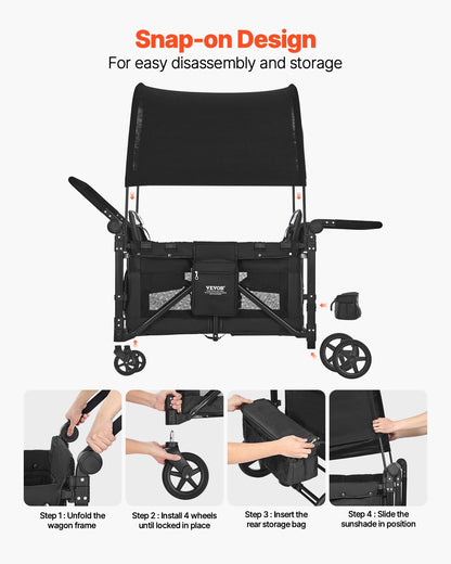 Vagnvagn för 4 barn Push Pull Hopfällbar Barnvagn 330LBS Laddar