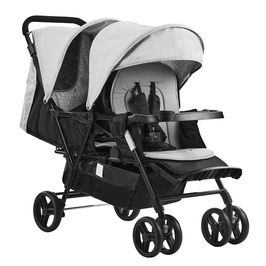 Dubbelvagn Hopfällbar Lätt Twin Tandem Barnvagn Ljusgrå+Svart
