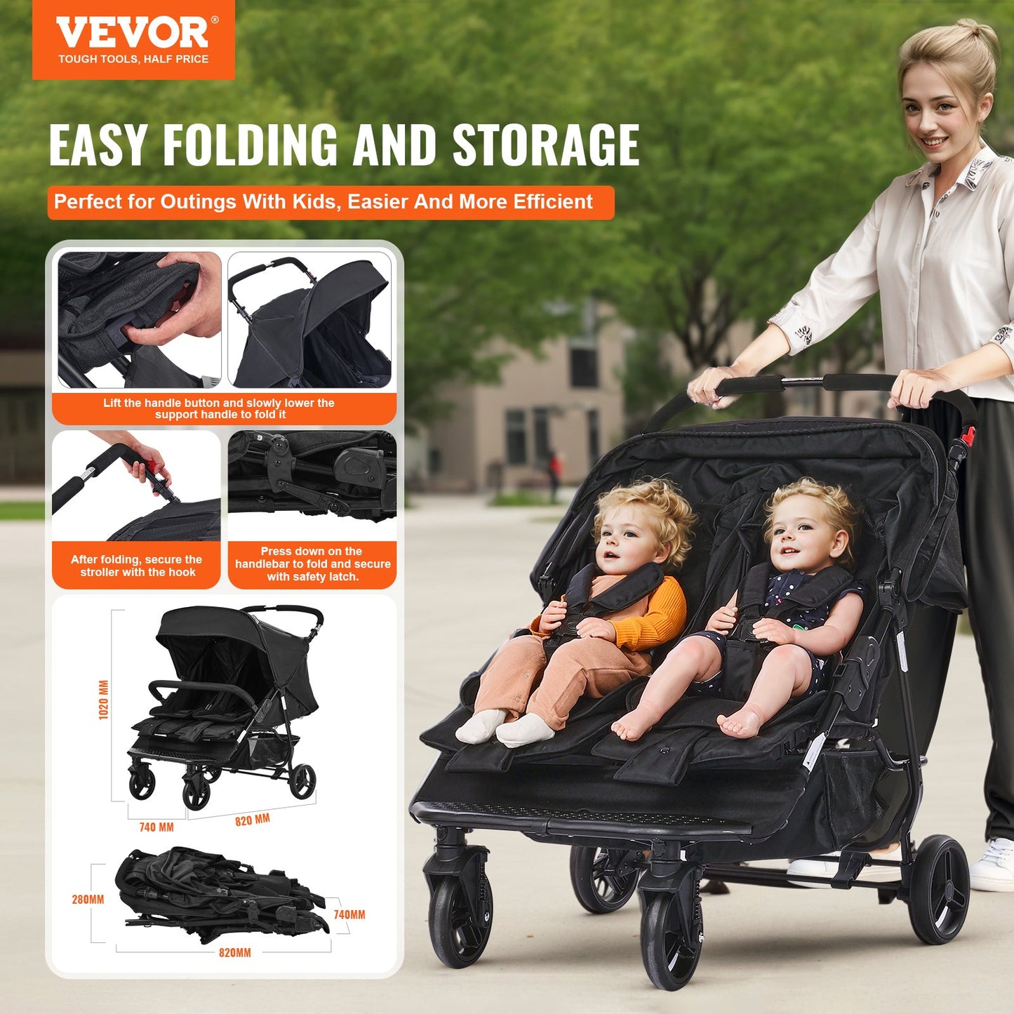 Double Stroller Side x Side Foldable Lightweight Twin Stroller Black