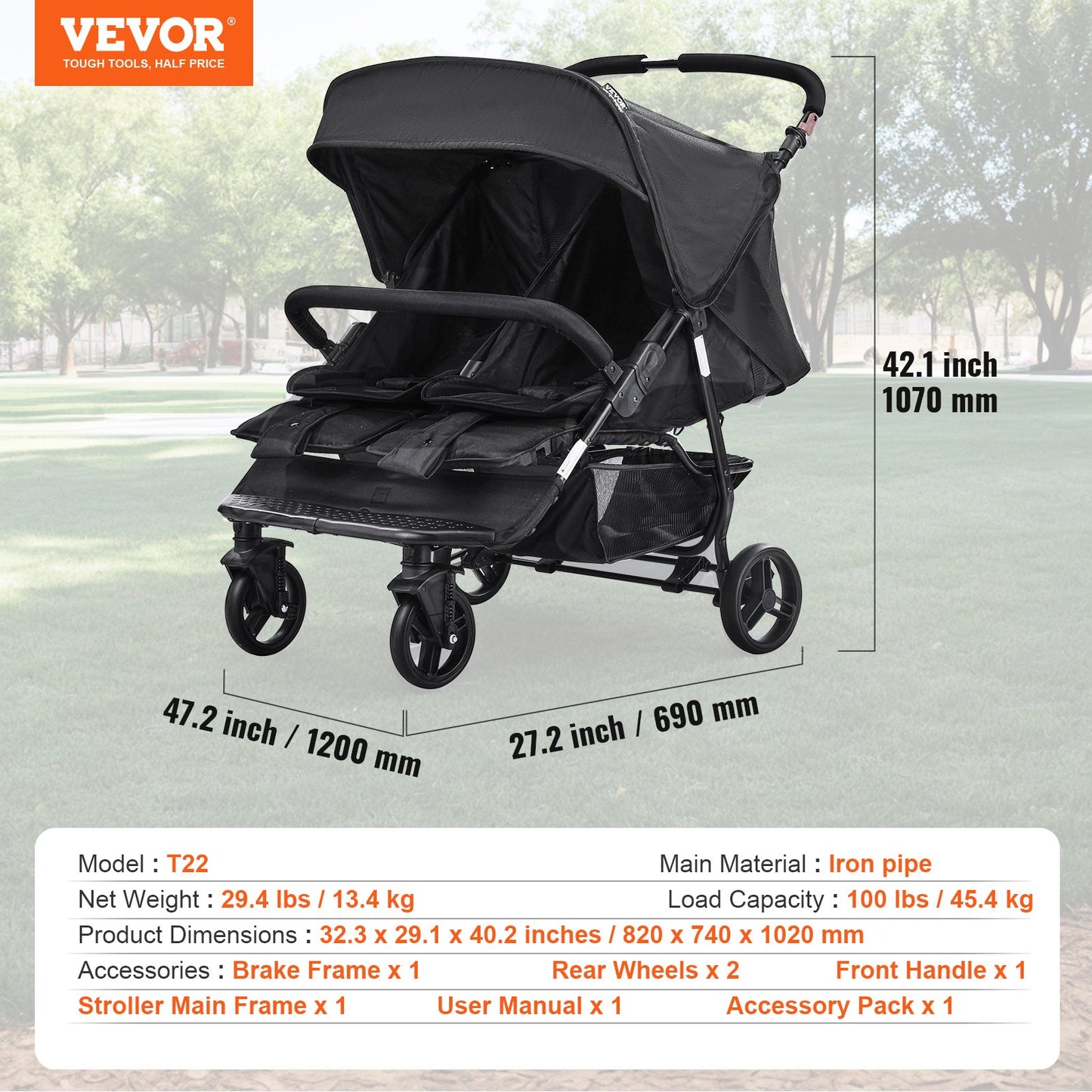 Double Stroller Side x Side Foldable Lightweight Twin Stroller Black