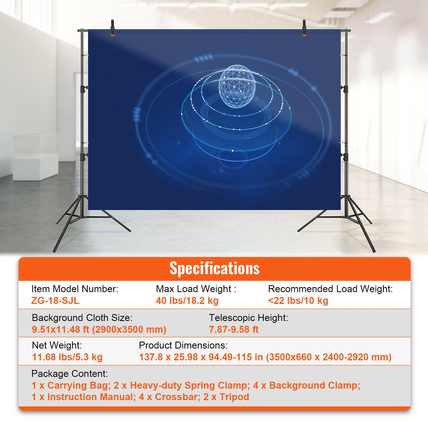 12 x 10 ft Heavy Duty Backdrop Stand, Height Adjustable Photography Backdrop Stand, Background Support System with 6 Clamps and a Carrying Bag, for Party, Wedding, Display, Photo