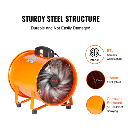 Portable Ventilator, 254mm Heavy Duty Cylinder Fan with 10m Duct Hose, 300W Strong Shop Exhaust Fan 1720CFM, Industrial Utility Fan for Extracting Dust, Smoke, Smoke Home/Workplace