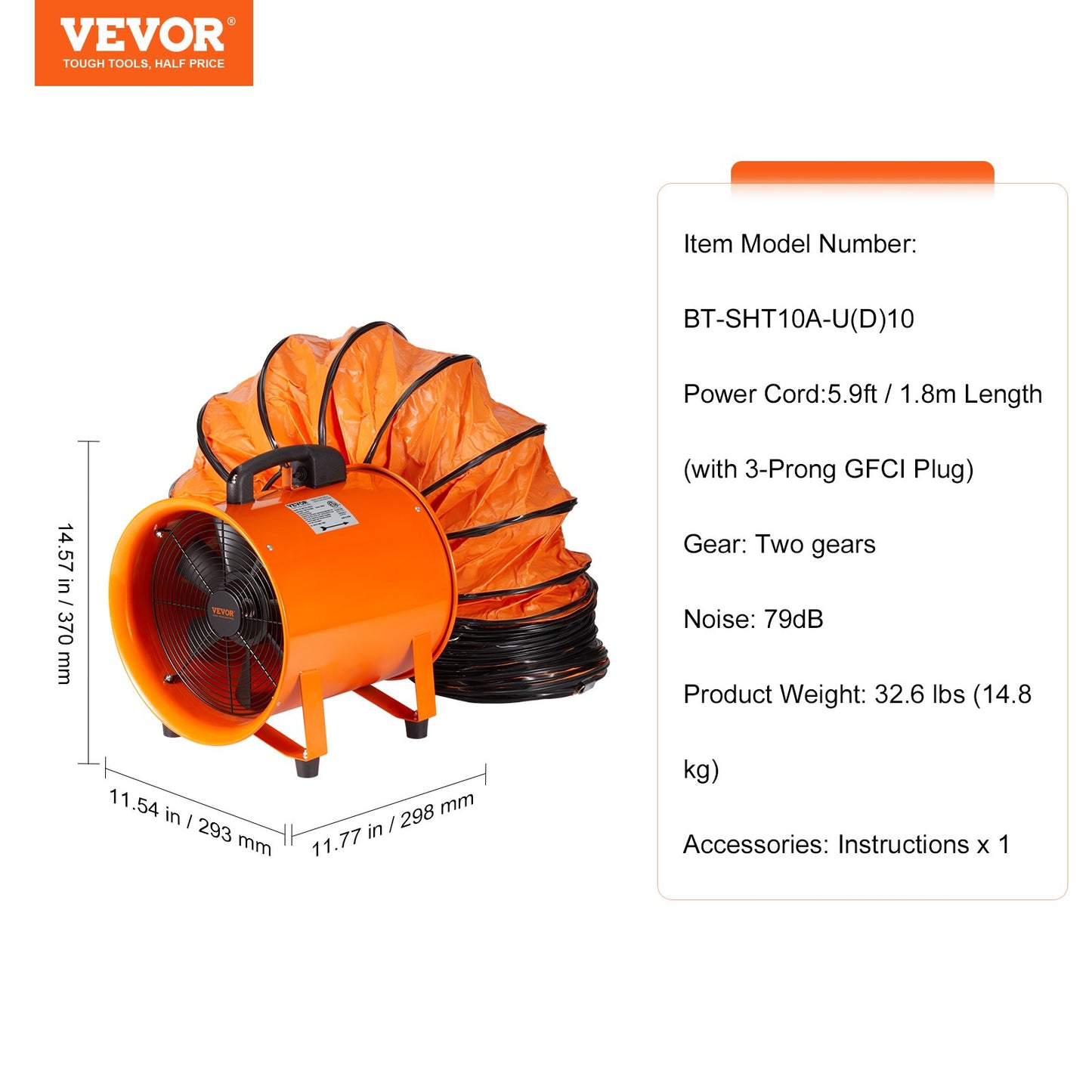 Portable Ventilator, 254mm Heavy Duty Cylinder Fan with 10m Duct Hose, 300W Strong Shop Exhaust Fan 1720CFM, Industrial Utility Fan for Extracting Dust, Smoke, Smoke Home/Workplace