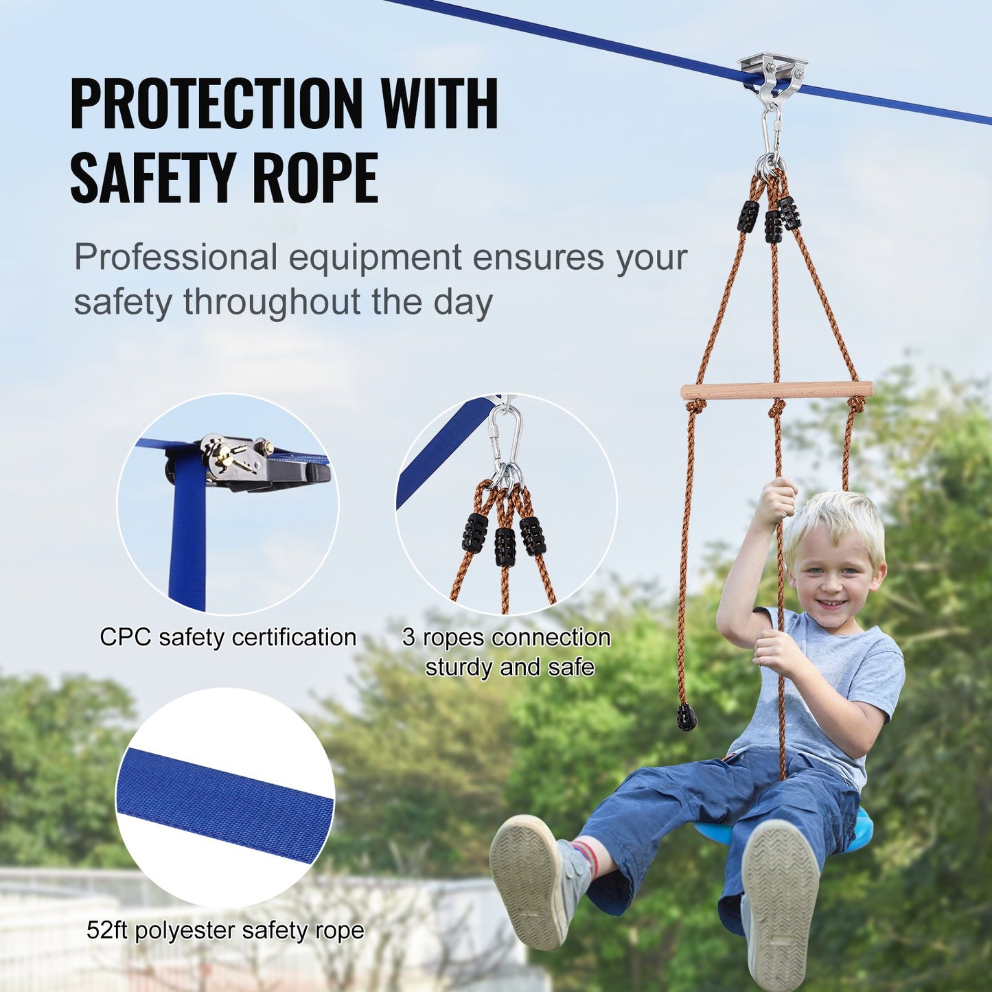Zipline Kit för barn och vuxna, 52 ft Zip Line Kits upp till 330 lb, Backyard Outdoor Quick Setup Zipline, Lekplatsunderhållning med Zipline, nylonsäkerhetssele, säte och styre