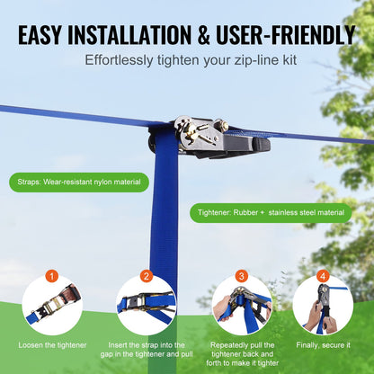 Zipline Kit för barn och vuxna, 52 ft Zip Line Kits upp till 330 lb, Backyard Outdoor Quick Setup Zipline, Lekplatsunderhållning med Zipline, nylonsäkerhetssele, säte och styre