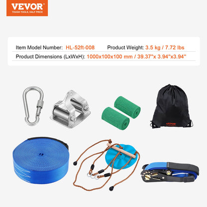 Zipline Kit för barn och vuxna, 52 ft Zip Line Kits upp till 330 lb, Backyard Outdoor Quick Setup Zipline, Lekplatsunderhållning med Zipline, nylonsäkerhetssele, säte och styre