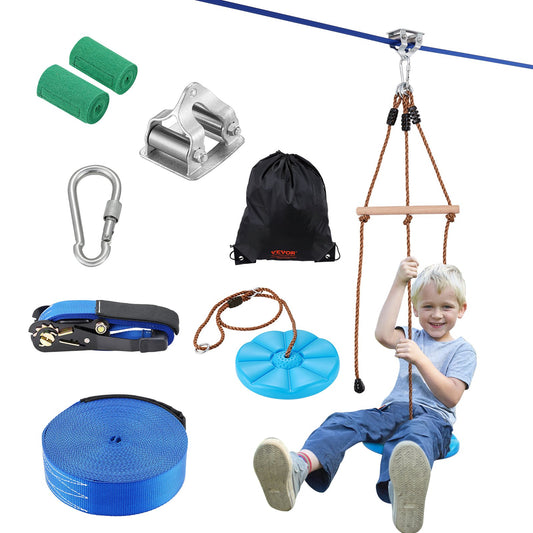 Zipline Kit för barn och vuxna, 52 ft Zip Line Kits upp till 330 lb, Backyard Outdoor Quick Setup Zipline, Lekplatsunderhållning med Zipline, nylonsäkerhetssele, säte och styre