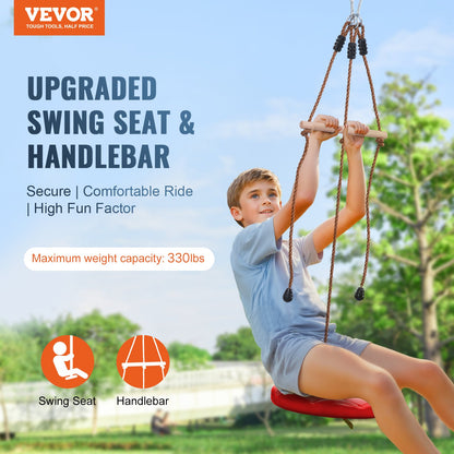 Zipline Kit för barn och vuxna, 65 ft Zip Line Kits upp till 330 lb, Backyard Outdoor Quick Setup Zipline, Lekplatsunderhållning med Zipline, nylonsäkerhetssele, säte och styre