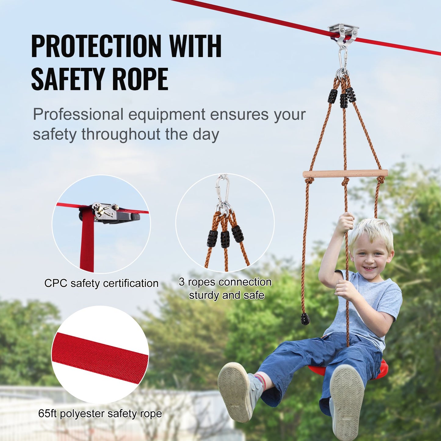 Zipline Kit för barn och vuxna, 65 ft Zip Line Kits upp till 330 lb, Backyard Outdoor Quick Setup Zipline, Lekplatsunderhållning med Zipline, nylonsäkerhetssele, säte och styre