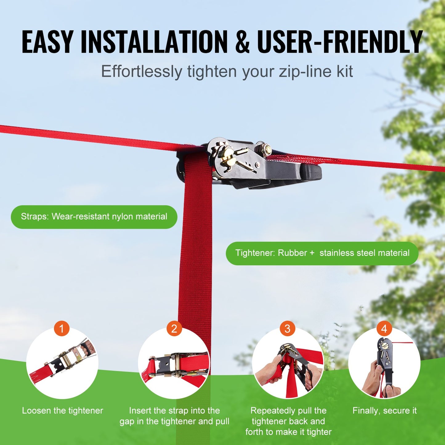 Zipline Kit för barn och vuxna, 65 ft Zip Line Kits upp till 330 lb, Backyard Outdoor Quick Setup Zipline, Lekplatsunderhållning med Zipline, nylonsäkerhetssele, säte och styre