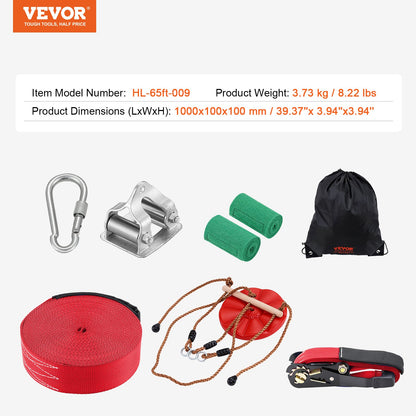 Zipline Kit för barn och vuxna, 65 ft Zip Line Kits upp till 330 lb, Backyard Outdoor Quick Setup Zipline, Lekplatsunderhållning med Zipline, nylonsäkerhetssele, säte och styre