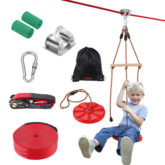 Zipline Kit för barn och vuxna, 65 ft Zip Line Kits upp till 330 lb, Backyard Outdoor Quick Setup Zipline, Lekplatsunderhållning med Zipline, nylonsäkerhetssele, säte och styre