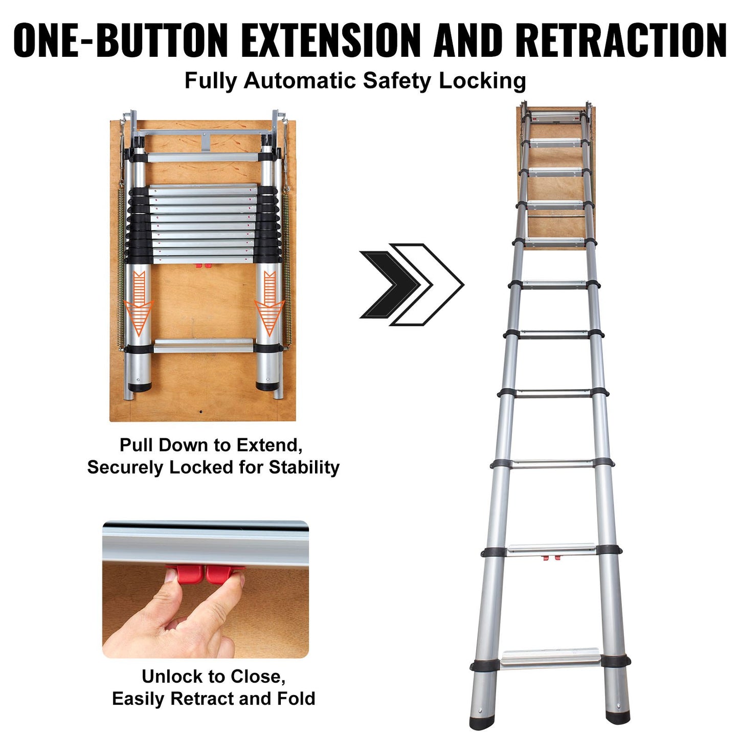 Attic Ladder Telescoping, 350 Pound Capacity, 39.37" x 23.6", Aluminum Multi-Function Extension, Lightweight and Portable, Fits 9.8'-10.5' Ceiling Heights, Convenient Access to Your Attic Space