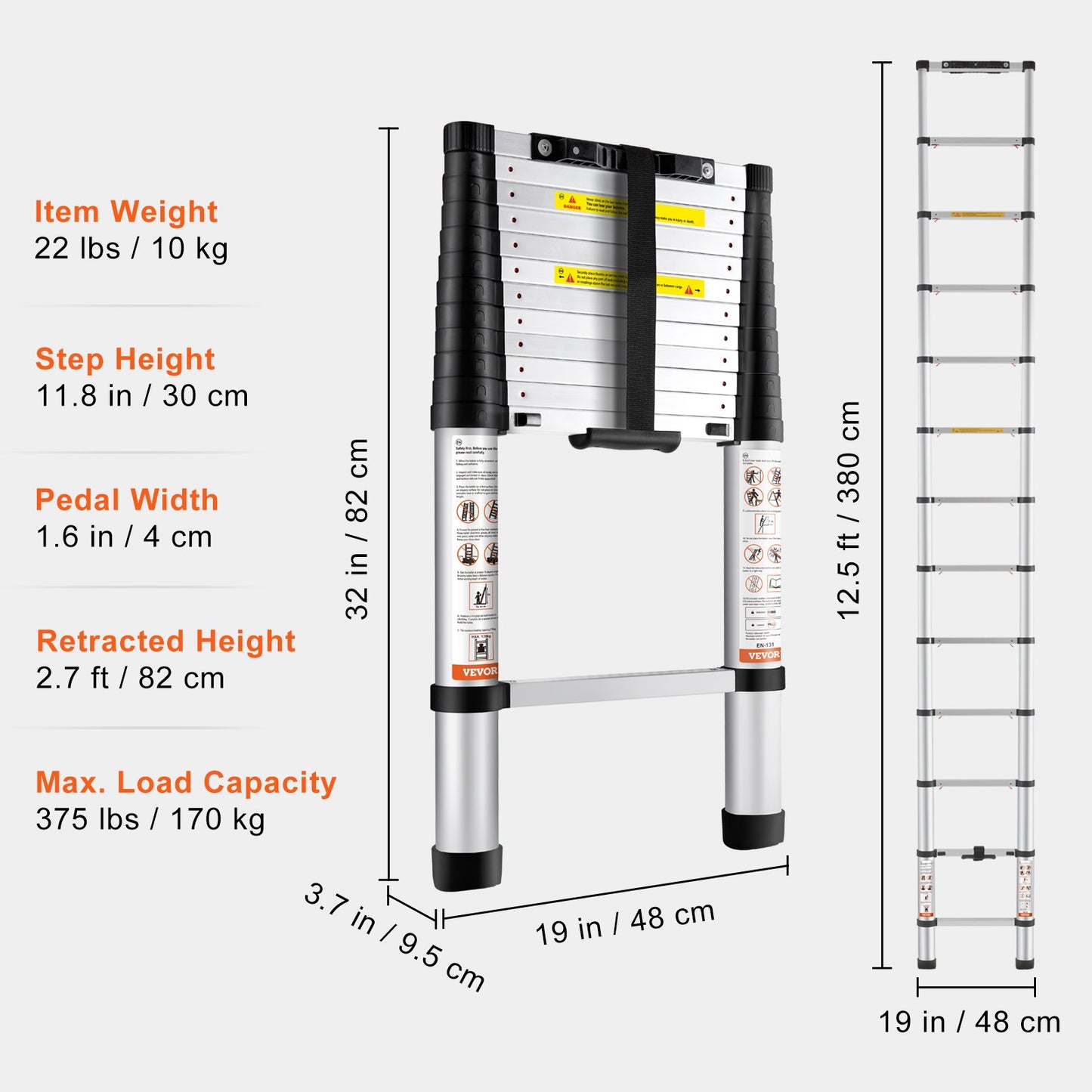 Telescopic Ladder Aluminum Extension Step 12.5 Feet Portable Multi-Purpose