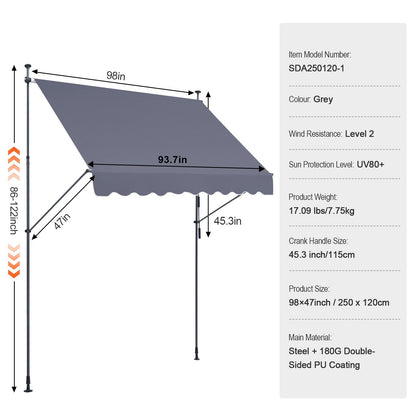 98x47" patio awning Retractable awning sun protection cover with crank