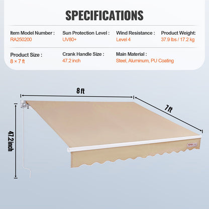 Manuellt infällbart förtält, 8 x 7 ft Uteplatsmarkis Infällbart solskydd, vattenavvisande polyester uteplatsdörr Fönstermarkis Solskyddsskydd med vev för bakgård, balkong