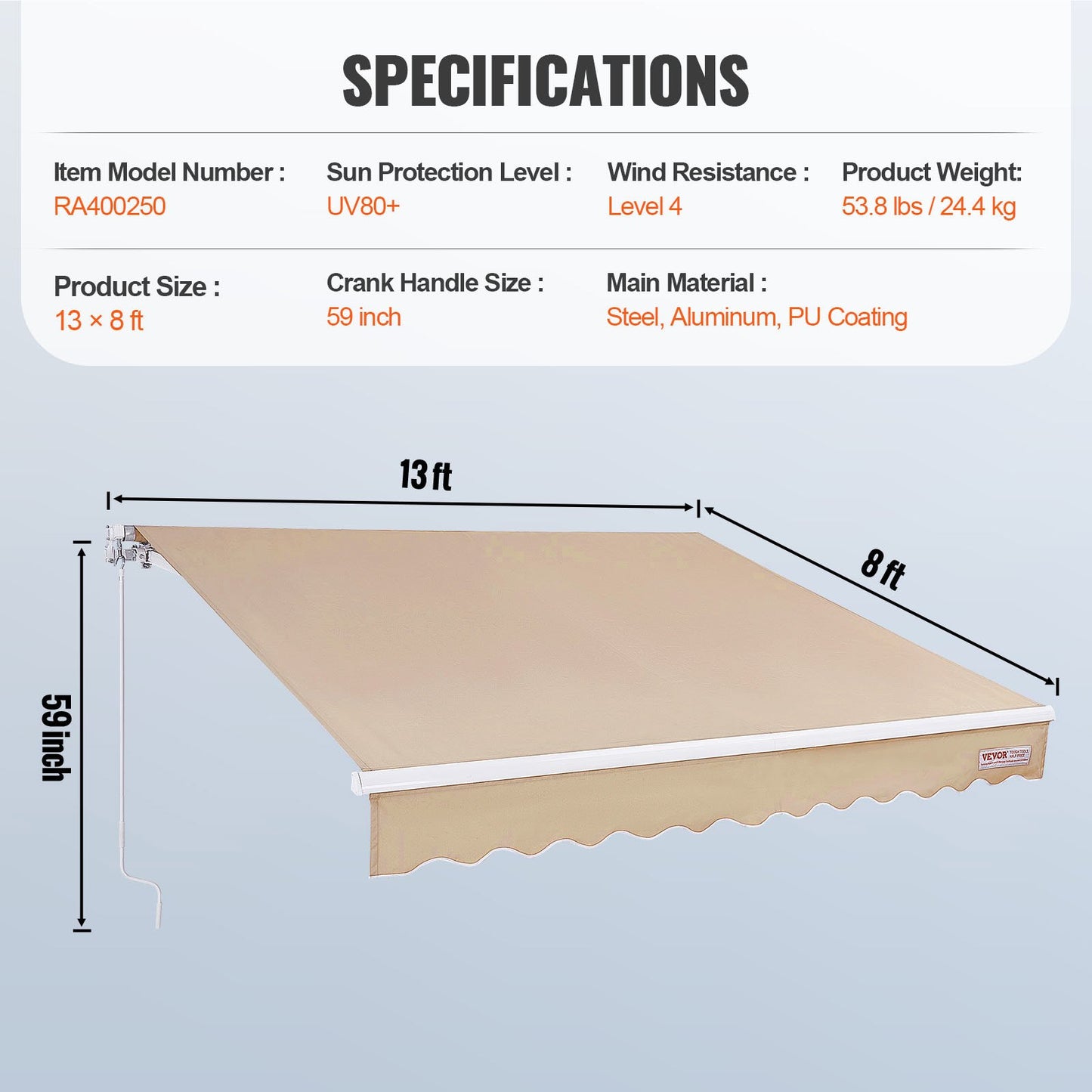Manual Retractable Awning, 13 x 8 ft Patio Awning Retractable Sun Shade, Waterproof Polyester Patio Door Window Awning Sunshade Cover with Crank for Backyard, Balcony