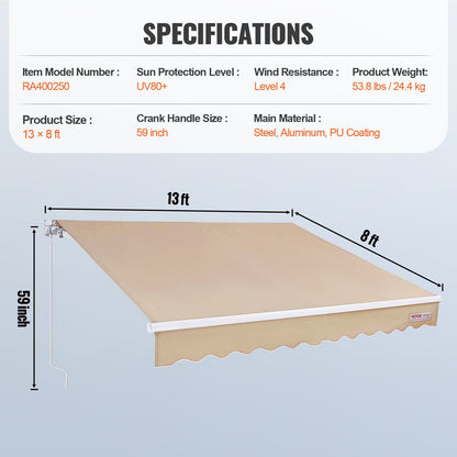 Manual Retractable Awning, 13 x 8 ft Patio Awning Retractable Sun Shade, Waterproof Polyester Patio Door Window Awning Sunshade Cover with Crank for Backyard, Balcony