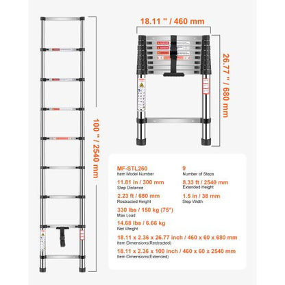Telescopic Ladder Stainless Steel Extension Ladder 8.5 Feet Portable Ladders | EU