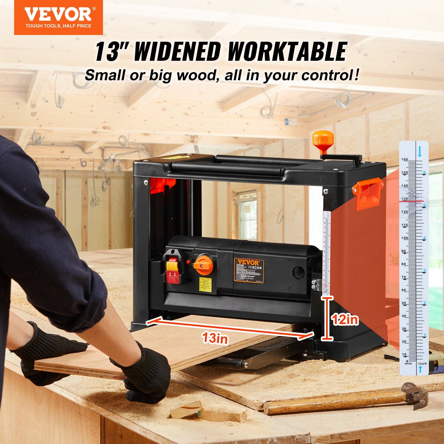 Planhyvel tjocklekshyvel tvåväxlad 13" bredd arbetsbordshyvel trebladig 15-Amp 2000W Kraftfull motor 12" förlängt inmatningsbord lågt ljud för
