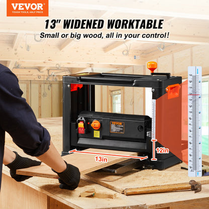 Planhyvel tjocklekshyvel tvåväxlad 13" bredd arbetsbordshyvel trebladig 15-Amp 2000W Kraftfull motor 12" förlängt inmatningsbord lågt ljud för